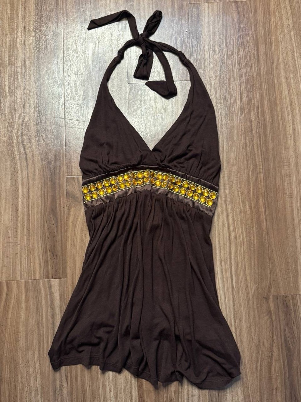 Y2K  Halter Tank Top with Yellow Gemband in Dark Brown